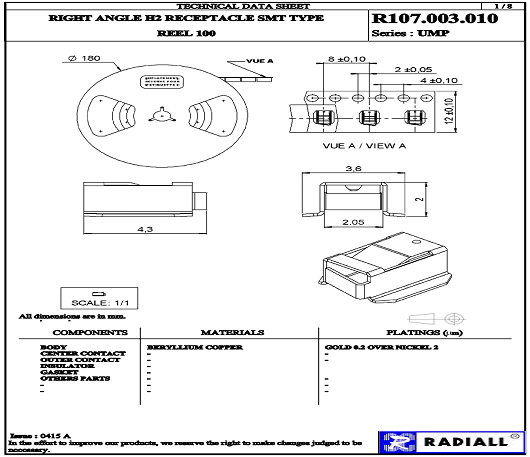 R107.003.010 RADIALL RF / Coaxial Connector, UMP Coaxial, Right Angle Jack, Solder, 50 ohm, Brass