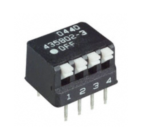435802-3 Dip Switch SPST 4 Position Through Hole, Right Angle Piano Actuator 25mA 24VDC