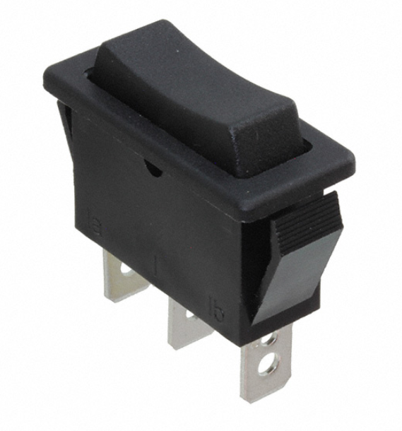 R4DBLKBLKEF0   Rocker Switch SPDT 15A (AC) 125 V Panel Mount, Snap-In, RoHS