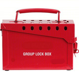 65699 Group Lockout Box, Steel, 6 in x 8.9 in 3.5 in, Red, Portable, Hinged, 13 Padlocks