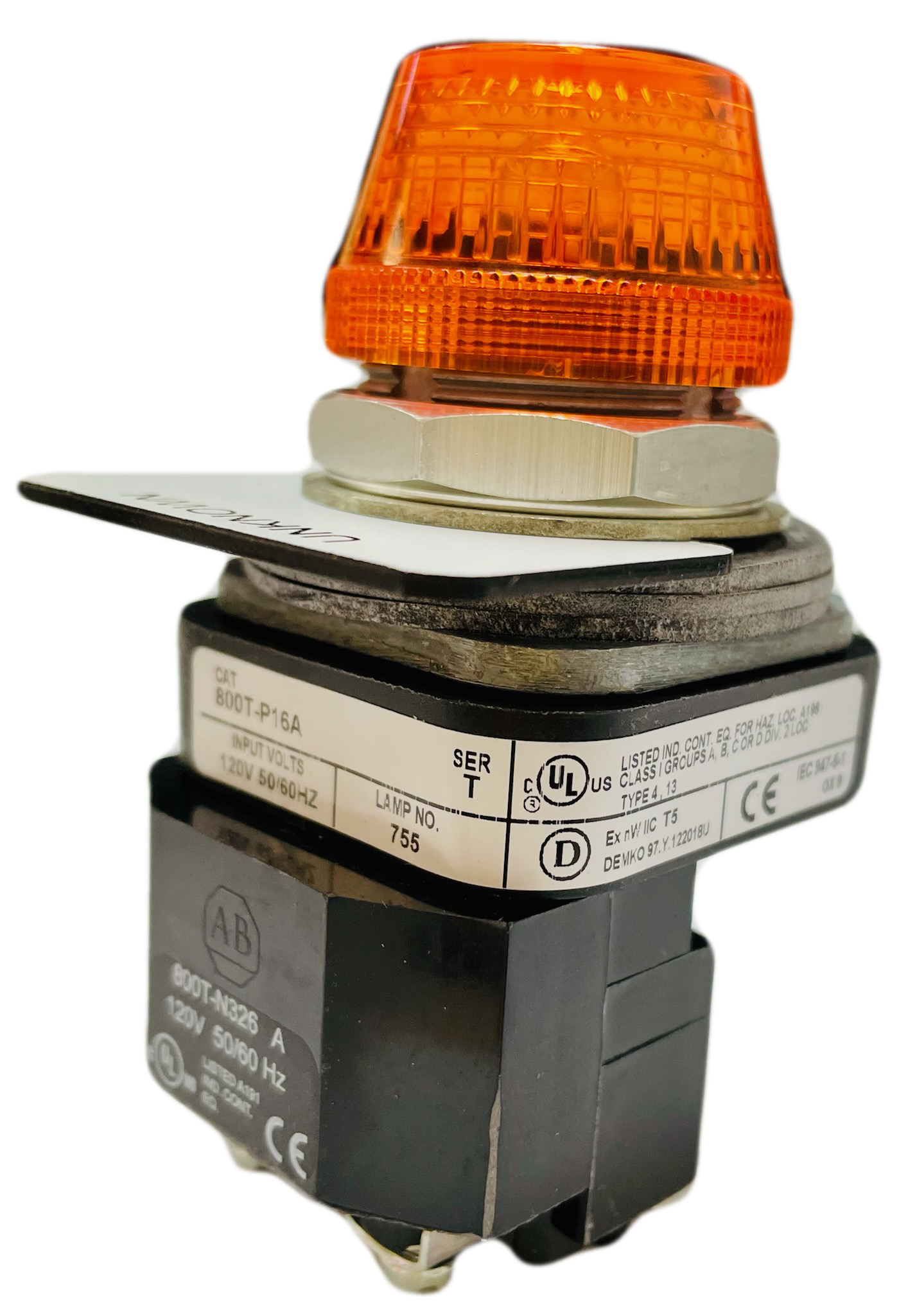 800T-P16A Pilot Light 30mm, 120V AC 50/60 Hz, Incandescent Lamp, Amber