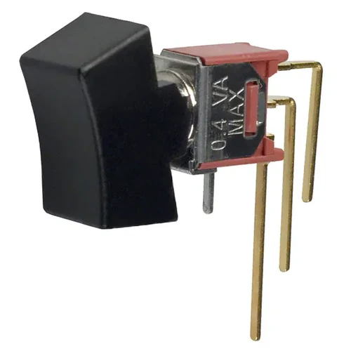 400MSP1R1BLKM7RE  	Rocker Switch SPDT 0.4VA  Through Hole Vertical Right Angle
