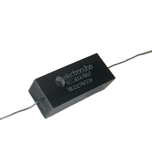 653A1A186FK   Capacitor Metallized Polycarbonate, Flame Retardant Epoxy case, Rectangular Axial  Leads,1.8MFD 24AWG 50V 10%, Bulk, RoHS