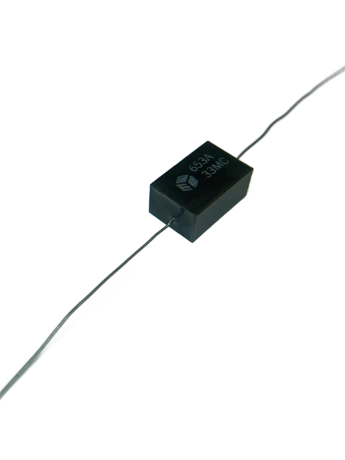 653A1C334M  Capacitor Metallized Polycarbonate, Flame Retardant Epoxy case, Rectangular Axial Leads, .33MFD 200V 22AWG 20%, Bulk, RoHS