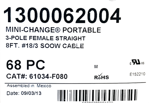 1300062004  Cable 3-Pole Female Straight 8FT #18/3 Soow Cable, CAT#61034-F080