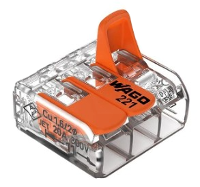 221-413 splicing connector, 3-conductor; with operating levers; 12 AWG; transparent housing, Bulk, RoHS
