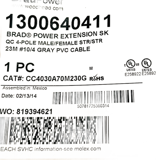 1300640411   Cable Assembly Power Extension SK QZ 4-Pole Male/Female STR/STR 23M #10/4 Gray PVC, Cat# CC4030A70M230G