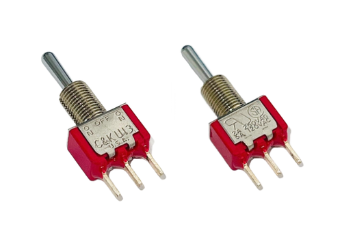 7103SYCQE   Switch, Miniature Toggle Switch, SP (On-Off-On), 5A@120VAC/2A@250VAC,  .420" Actuator - PCB Pin - 1/4-40 Bushing - Epoxy Seal, U13SYCQE