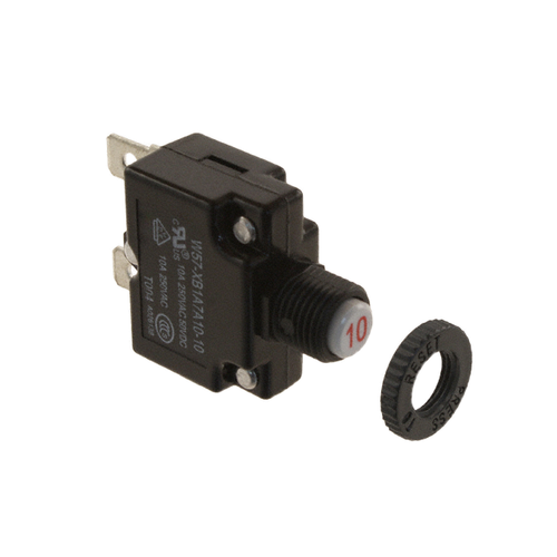 W57-XJ2A22B10-10M W57 Series Compact Thermal Circuit Breaker with Push To Reset 1-Pole Series Trip 250 VAC 10 A Straight Quick Connect Terminal 