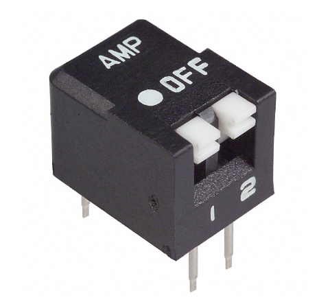 1-435802-0 Dip Switch SPST 2 Position Through Hole, Right Angle Piano Actuator 25mA 24VDC