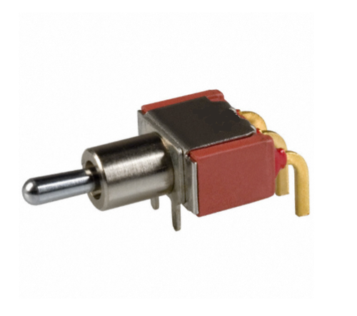 7108MD9ABE Toggle Switch SPDT Through Hole, Right Angle