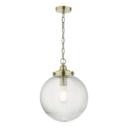Dar Lighting Tamara Antique Brass And Ribbed Glass 1 Light Single Pendant
