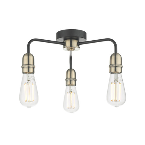 Dar Lighting Kiefer Black and Antique Brass 3 Light Flush