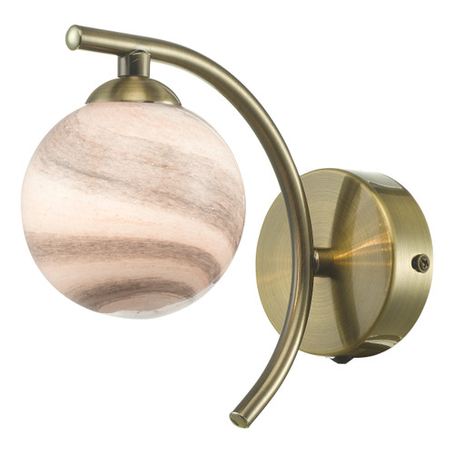 Dar Lighting Atiya Antique Brass Wall Light With Planet Style Glass