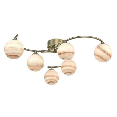Dar Lighting Atiya Antique Brass 6 Light Semi Flush With Planet Style Glass