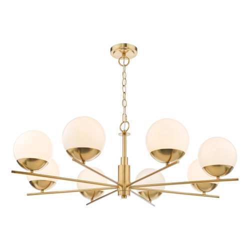 Dar Lighting Bombazine Natural Brass 8 Light Pendant With Opal Glass Globe Shades