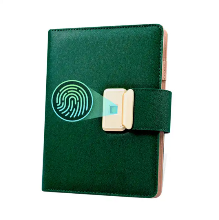 Green  Leather Power Bank PU Leather 10000 Mah Power Bank Planner Notebook With Fingerprint Lock