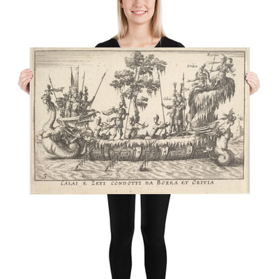 Calais and Zetes led by Boreas and Oreithyia (Calai e Zeti condotti da Borea et Oritia), with female-headed sea creatures at the prow and stern, and a tree at shipdeck center, from the series 'The mag