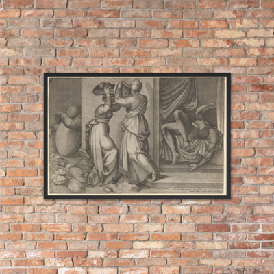 Judith giving the head of Holofernes on a platter, which is about to be covered with a cloth, to her servant, with the foreshortened, naked body of Holofernes at right - Enea Vico - 1546 - Matte Paper Framed Poster Museum quality 7746835