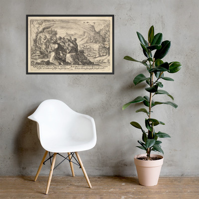 God enters into a covenant with Noah: next to a smoking pyre Noah kneels in a gesture of prayer, surrounded by members of his family, a rainbow stretches over them, from a series of engravings for the