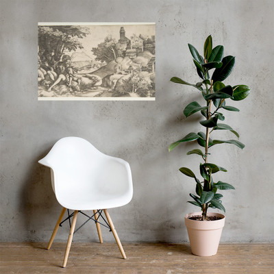 At left four shepherds with musical instruments seated under a group of trees; at right a hilly landscape with buildings - Giulio Campagnola - ca. 1517 - Paper Poster Museum quality 7740637