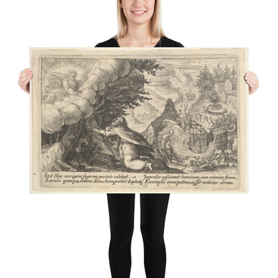 Noah kneeling before God at left, the construction of the ark underway beyond, from a series of engravings made for the first edition of the 'Liber Genesis' - Crispijn de Passe the Elder - 1612 - Paper Poster Museum quality 7748675