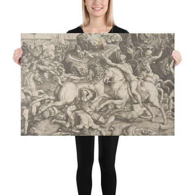 Battle scene in a landscape with soldiers on horseback and several fallen men, another group of riders in the background - Marco Dente - ca. 1520 - Canvas Museum quality 7745696