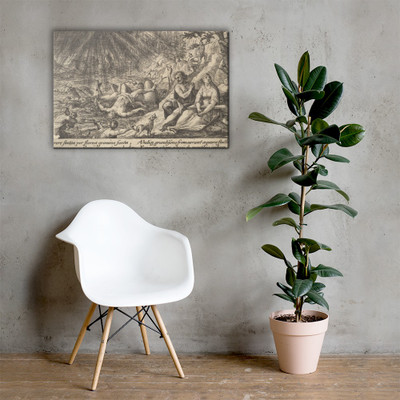 The beginning of the Flood: men and women climb to higher ground at right, water overtaking animals and people at left, Noah's Ark beyond, from a series of engravings made for the first edition of the