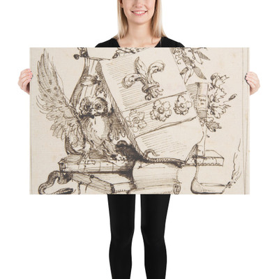 Drawing of a Decorated Coat of Arms surrounded by Books, Owl, Leaves, Vase and a Snake - Carlo Bianconi - 1732–1802 - Paper Poster Museum quality 7743138