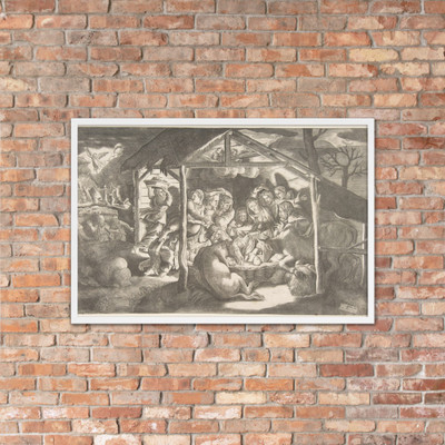 The adoration of the shepherds, various figures at night surround the Christ Child - Giulio Bonasone - ca. 1550–60 - Matte Paper Framed Poster Museum quality 7747377