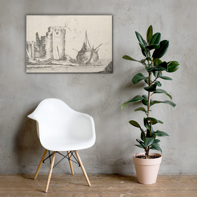 Plate 2: a ship at right and a rowboat at left, washed up on shore, a tower in ruins behind to left, from 'Caprice faict par de la Bella' - Stefano della Bella - ca. 1642 - Canvas Museum quality 7705111