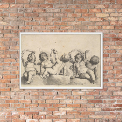 Three cherubs and two boys on clouds, each raising one arm - Wenceslaus Hollar - 1646 - Matte Paper Framed Poster Museum quality 7738935