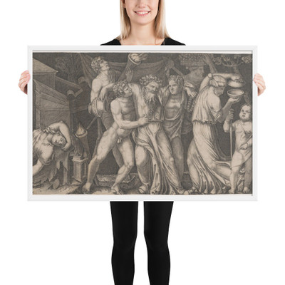 A Bacchanal, Silenus supported by two bacchants in the centre, at left a female satyr reclining on a bed and another holding onto the horns on a statue of Priapus while she tries to impale herself on 