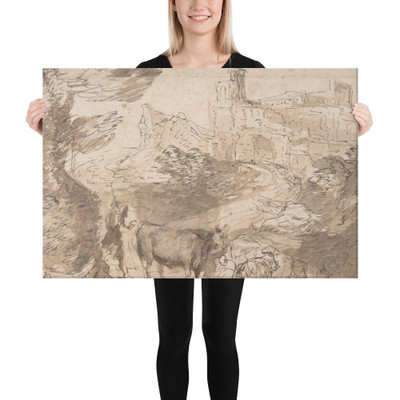 Landscape with Herdsman - Anonymous, Italian, Roman-Bolognese, 17th century - 17th century - Canvas Museum quality 7746222