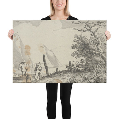 River Landscape with Three Fisherman - Jean Jacques Le Veau - Canvas Museum quality 7719817