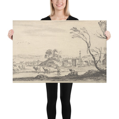 Plate 2: a peasant woman removing her shoes in center, another peasant woman and two cows in a stream to left, a bridge to right in the background, from 'Various landscapes' (Divers paysages) - Stefan