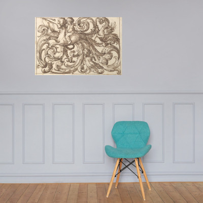 Horizontal Panel Design with a Sphinx, Two Putti and a Lionesque Fantastical Creature Interspersed Between Acanthus Rinceaux. - Anonymous, Italian, Venetian, 17th century - 17th century (first half) - Photo Paper Poster Museum quality 7747584