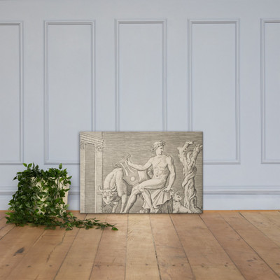 Apollo tending the flocks of Admetus, Apollo seated holding a lyre and flanked by a cow and a dog, a serpent winding around a dead tree at right - Marco Dente - ca. 1515–27 - Canvas Museum quality 7745773