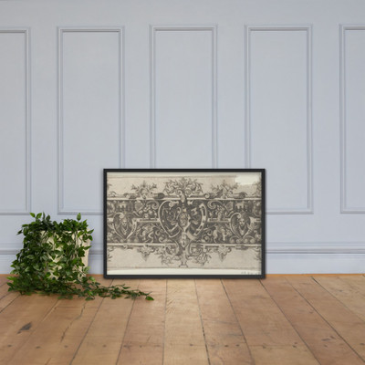 Frieze with Grotesques and a Horned and Bearded Figure Between Strapwork at Center - Theodor de Bry - 1589 - Matte Paper Framed Poster Museum quality 7737955