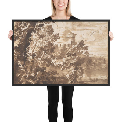 Wooded Landscape with a Tower - Anonymous, French, 17th century - 17th century - Matte Paper Framed Poster Museum quality 7746284