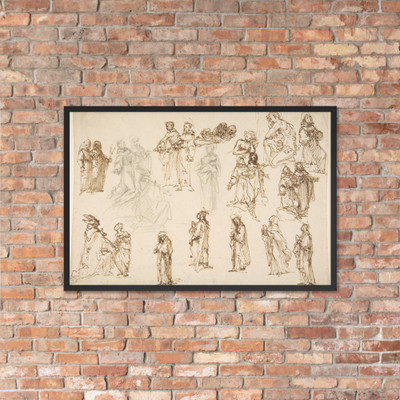 Figure Studies: Standing and Kneeling Clerics and Religious, Adam and Eve, and a Reclining Skeleton - Francesco Vanni - ca. 1602 - Photo Paper Framed Poster Museum quality 7744500
