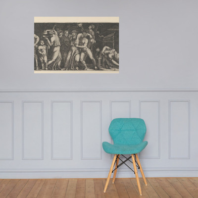 A Bacchanal, Silenus supported by two bacchants in the centre, at right a female satyr reclining on a bed and another pulling the horns on a statue of Priapus, various other figures fill the compositi