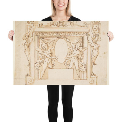 Drawing for a Memorial Tablet: Two Winged Children Holding an Empty Oval in a Frame with Gryphons - Federico Zuccaro (Zuccari) - n.d. - Photo Paper Poster Museum quality 7741954