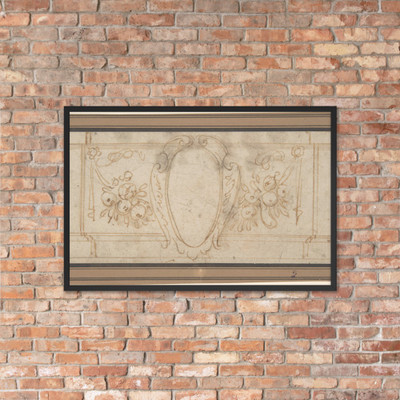 Wall Decoration with a Cartouche and Garland (recto); Ruled Lines in Red Chalk (verso) - Anonymous, Italian, 17th century - 17th century - Matte Paper Framed Poster Museum quality 7745563