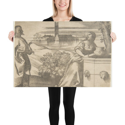 Christ standing at left addressing the Woman of Samaria at right who is standing by a well, lagoon in the background - Giulio Campagnola - ca. 1510–12 - Paper Poster Museum quality 7740849