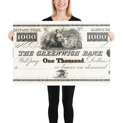 $1000 Bill for The Greenwich Bank, The City of New York - Asher Brown Durand - ca. 1828 - Photo Paper Poster Museum quality 7746595