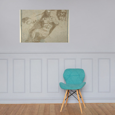 Seated satyr, with enlarged head of same (recto); head of a woman (verso) - Pellegrino Tibaldi - 1527–96 - Paper Poster Museum quality 7743505