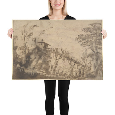 Landscape with Figures Crossing a Bridge (recto); Study of a Nude Male, Study of Legs, Study of Head in Profile to the Right (verso) - Anonymous, Italian, Roman-Bolognese, 17th century - 17th century - Paper Poster Museum quality 7745169