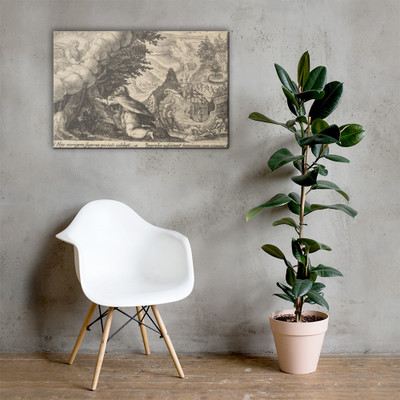 Noah kneeling before God at left, the construction of the ark underway beyond, from a series of engravings made for the first edition of the 'Liber Genesis' - Crispijn de Passe the Elder - 1612 - Canvas Museum quality 7748688