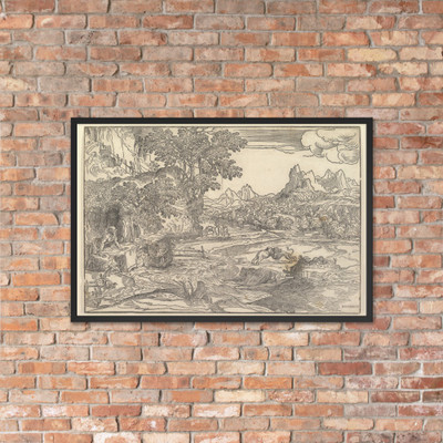 Landscape with Saint Jerome at left looking towards lion and bear  fighting at center; two figures with mule in the background - Domenico Campagnola - ca. 1530–35 - Photo Paper Framed Poster Museum quality 7740229